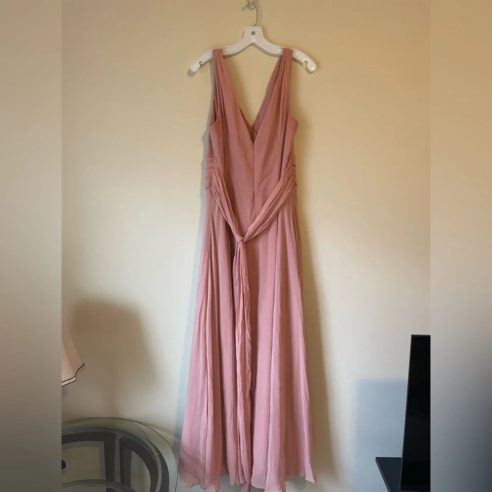 David’s Bridal long chiffon surplice tank bridesmaid dress in color Desert Coral - Picture 3 of 5